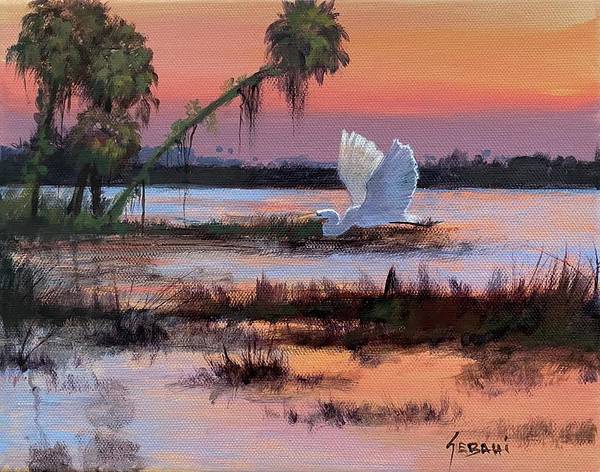 Egret at Sunset over the Marsh Art Print  - Art Print