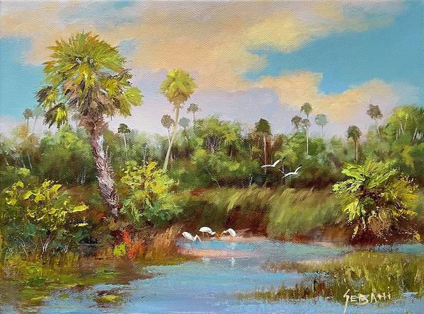 Florida Marshlands and Ibis Landscape Art Print  - Art Print
