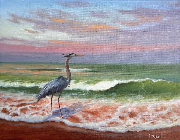 Great Blue Heron Seascape Art Print. - Art Print