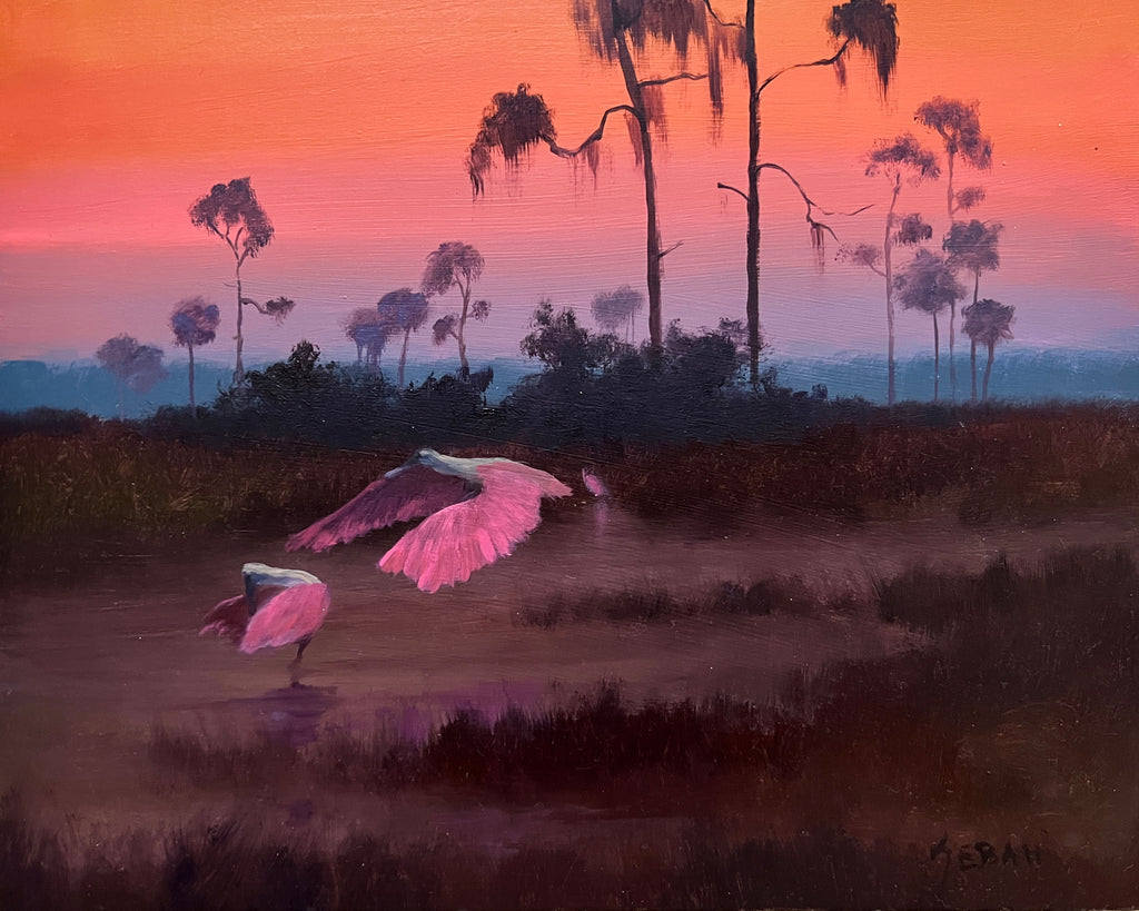 Spoonbills on the Marsh at Sunset Landscape. Original!